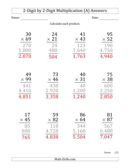 The Multiplying 2-Digit by 2-Digit Numbers (Large Print) with Comma-Separated Thousands (A) Math Worksheet Page 2