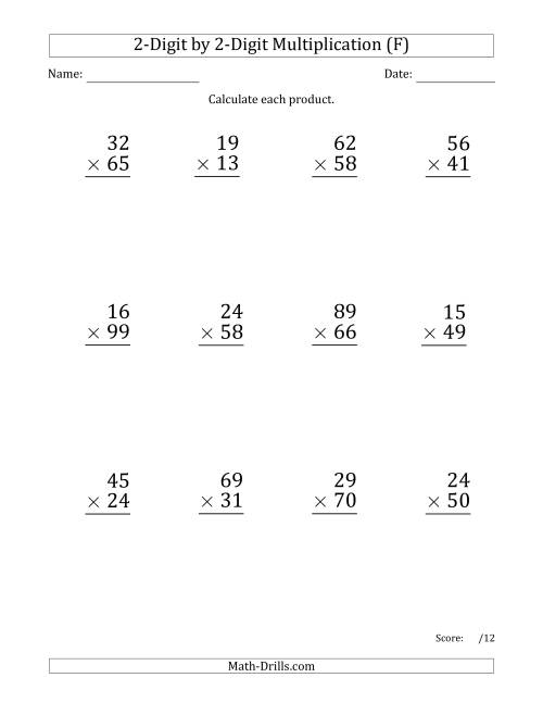 The Multiplying 2-Digit by 2-Digit Numbers (Large Print) with Comma-Separated Thousands (F) Math Worksheet