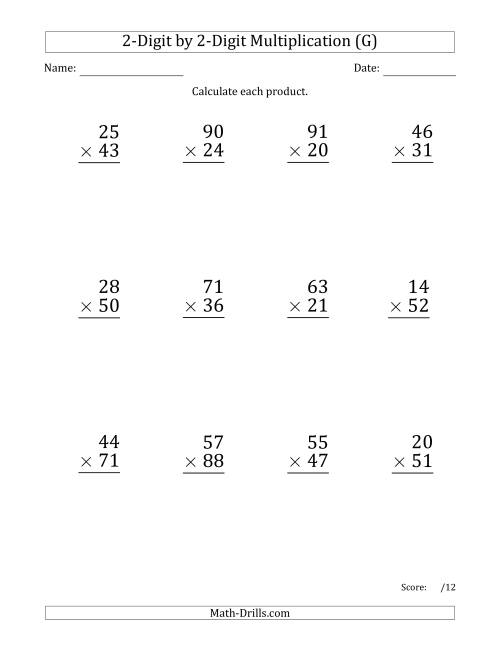 The Multiplying 2-Digit by 2-Digit Numbers (Large Print) with Comma-Separated Thousands (G) Math Worksheet