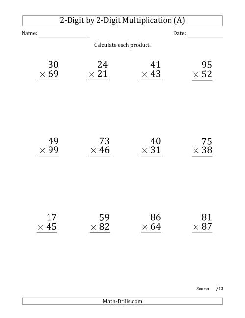The Multiplying 2-Digit by 2-Digit Numbers (Large Print) with Comma-Separated Thousands (All) Math Worksheet