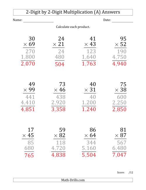 multiplying 2 digit by 2 digit numbers large print with