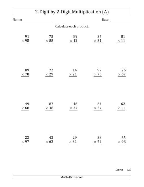 Simple 2 Digit Multiplicand Multiplication Worksheets