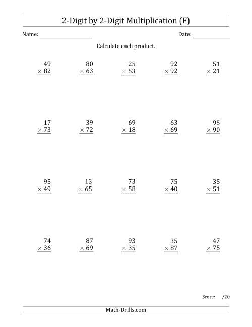The Multiplying 2-Digit by 2-Digit Numbers with Space-Separated Thousands (F) Math Worksheet