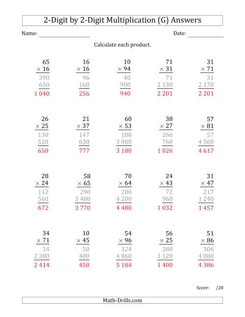 The Multiplying 2-Digit by 2-Digit Numbers with Space-Separated Thousands (G) Math Worksheet Page 2