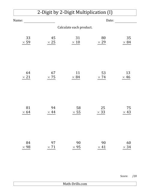 The Multiplying 2-Digit by 2-Digit Numbers with Space-Separated Thousands (I) Math Worksheet