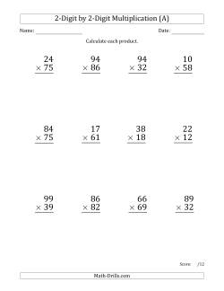 Multiplying 2-Digit by 2-Digit Numbers (Large Print) with Space-Separated Thousands