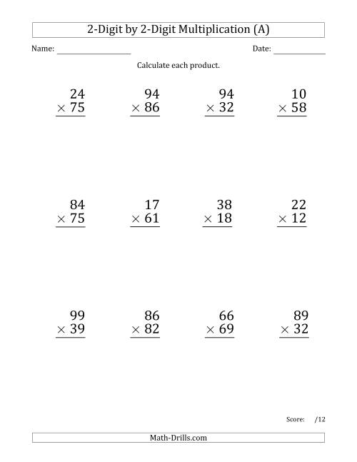 The Multiplying 2-Digit by 2-Digit Numbers (Large Print) with Space-Separated Thousands (A) Math Worksheet