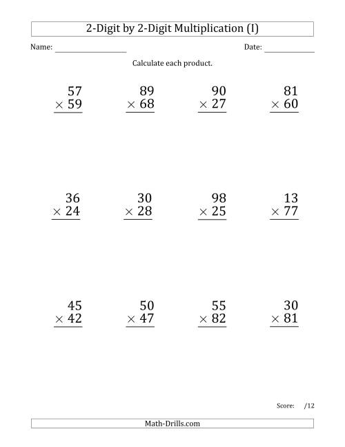 The Multiplying 2-Digit by 2-Digit Numbers (Large Print) with Space-Separated Thousands (I) Math Worksheet