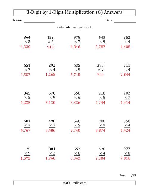 multiplying 3 digit by 1 digit numbers with comma separated thousands g