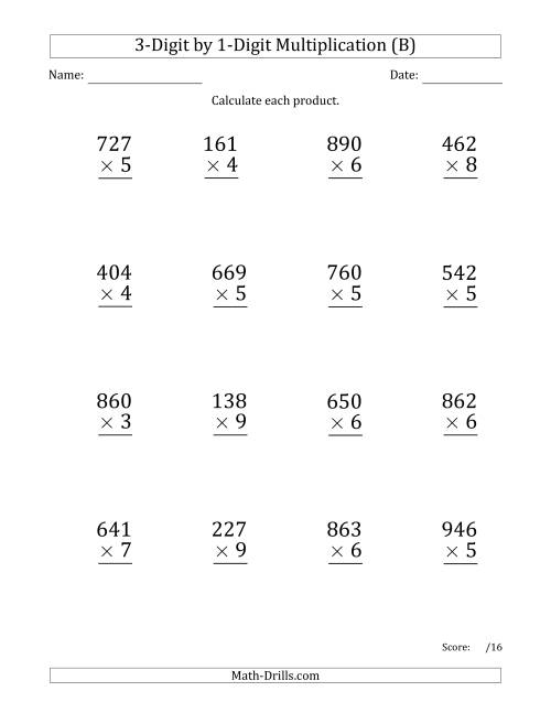 The Multiplying 3-Digit by 1-Digit Numbers (Large Print) with Comma-Separated Thousands (B) Math Worksheet