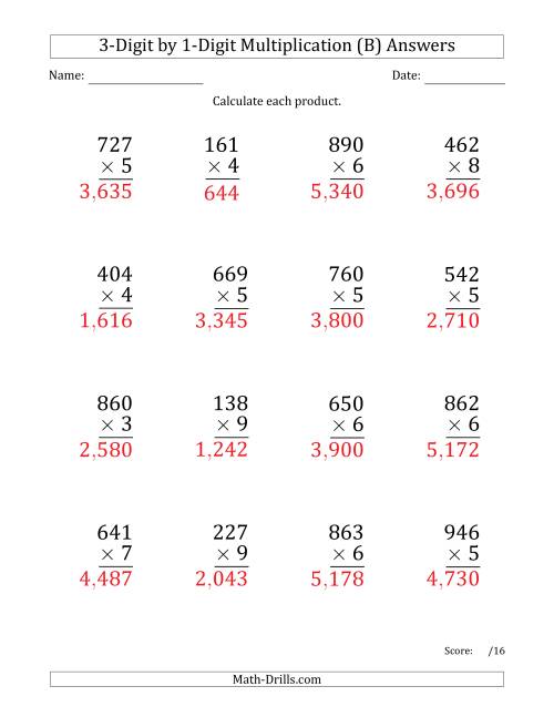 multiplying 3 digit by 1 digit numbers large print with comma