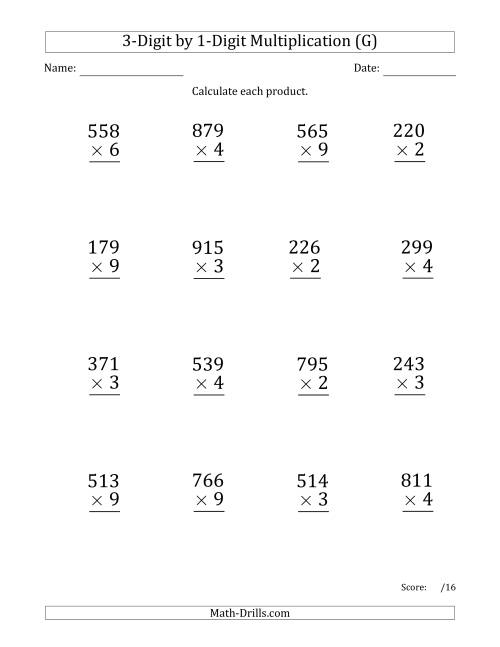 The Multiplying 3-Digit by 1-Digit Numbers (Large Print) with Comma-Separated Thousands (G) Math Worksheet