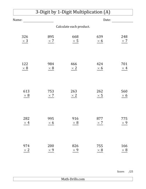 The Multiplying 3-Digit by 1-Digit Numbers with Space-Separated Thousands (A) Math Worksheet