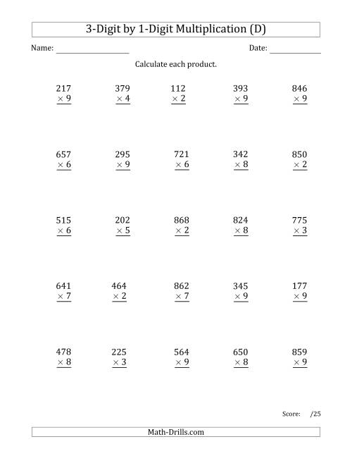 The Multiplying 3-Digit by 1-Digit Numbers with Space-Separated Thousands (D) Math Worksheet