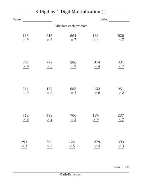 The Multiplying 3-Digit by 1-Digit Numbers with Space-Separated Thousands (I) Math Worksheet