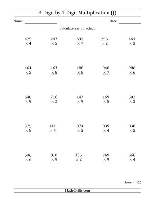 The Multiplying 3-Digit by 1-Digit Numbers with Space-Separated Thousands (J) Math Worksheet