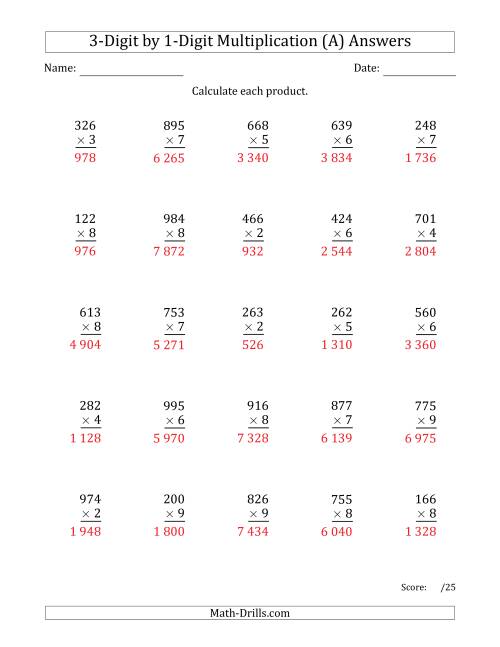 multiplying 3 digit by 1 digit numbers with space separated thousands all