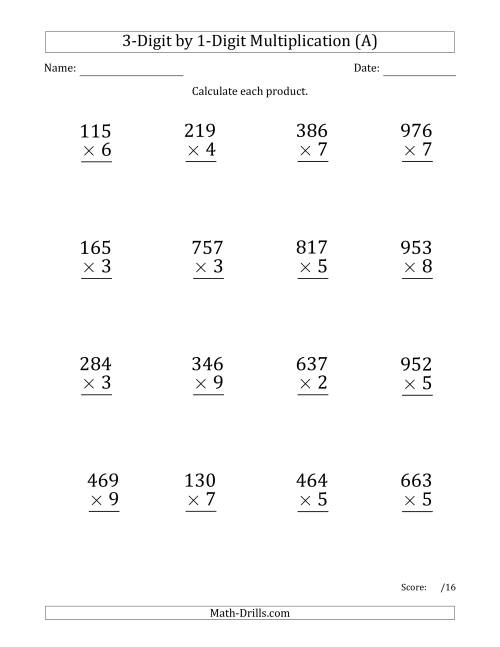 The Multiplying 3-Digit by 1-Digit Numbers (Large Print) with Space-Separated Thousands (A) Math Worksheet