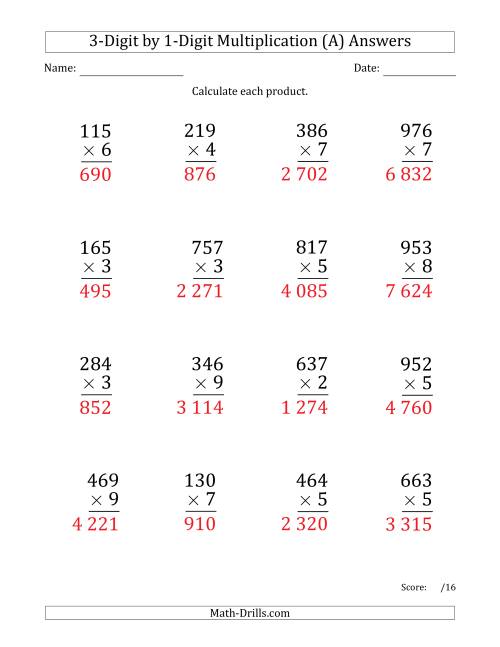 multiplying 3 digit by 1 digit numbers large print with space