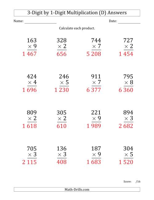 multiplying 3 digit by 1 digit numbers large print with space