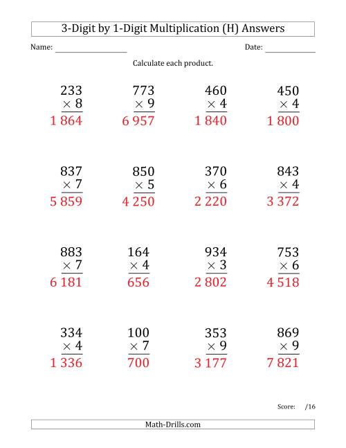 multiplying 3 digit by 1 digit numbers large print with space