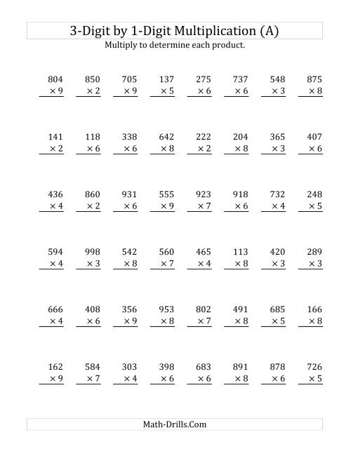 The 3-Digit by 1-Digit Multiplication (SI Version) (Old) Math Worksheet