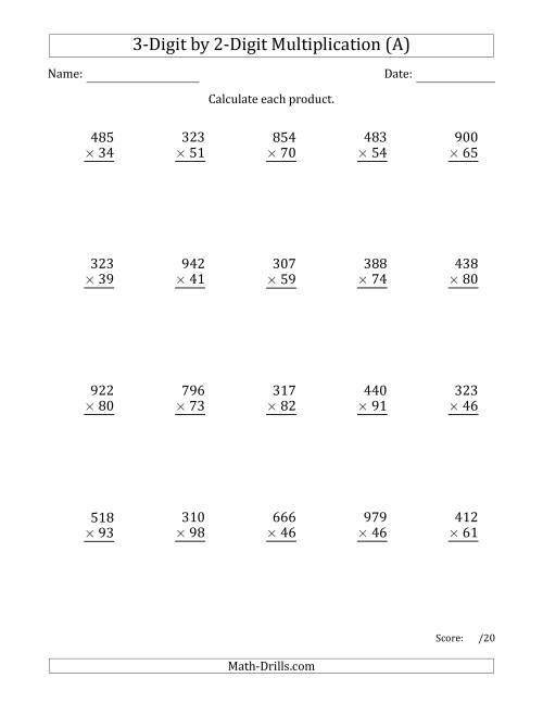 The Multiplying 3-Digit by 2-Digit Numbers with Comma-Separated Thousands (A) Math Worksheet