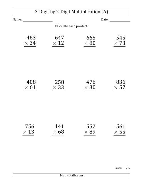 The Multiplying 3-Digit by 2-Digit Numbers (Large Print) with Comma-Separated Thousands (A) Math Worksheet