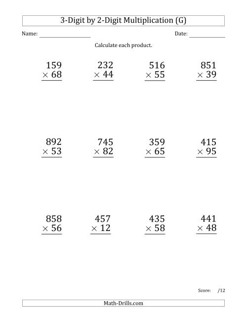 The Multiplying 3-Digit by 2-Digit Numbers (Large Print) with Comma-Separated Thousands (G) Math Worksheet