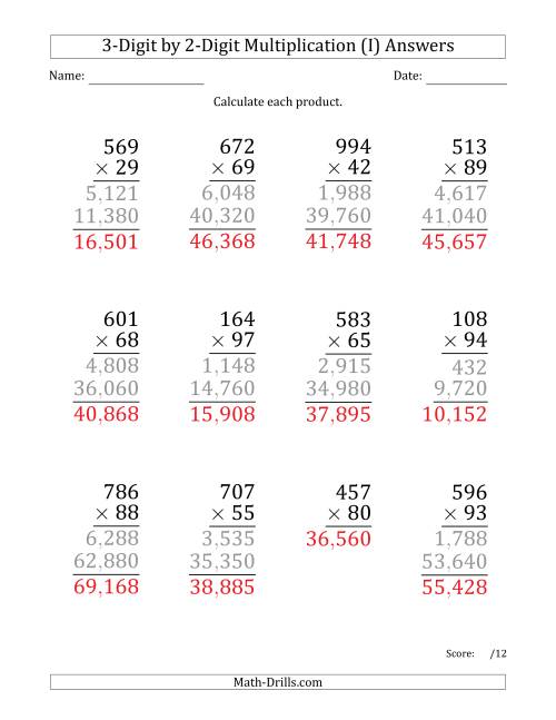 Multiplying 3-Digit by 2-Digit Numbers (Large Print) with Comma