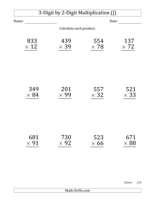 The Multiplying 3-Digit by 2-Digit Numbers (Large Print) with Comma-Separated Thousands (J) Math Worksheet