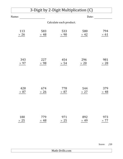 The Multiplying 3-Digit by 2-Digit Numbers with Space-Separated Thousands (C) Math Worksheet