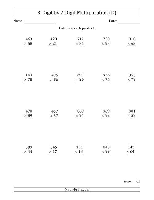 The Multiplying 3-Digit by 2-Digit Numbers with Space-Separated Thousands (D) Math Worksheet