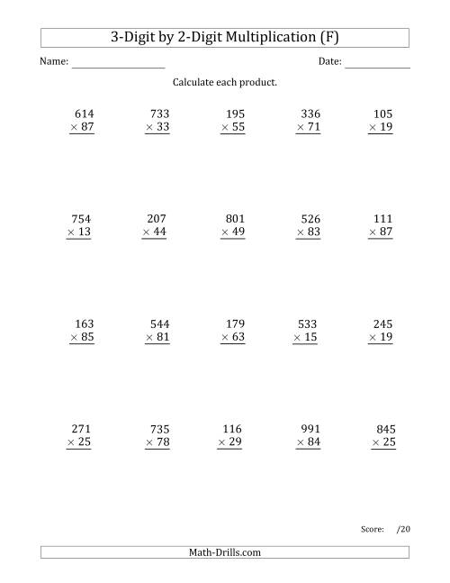 The Multiplying 3-Digit by 2-Digit Numbers with Space-Separated Thousands (F) Math Worksheet