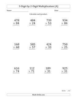 Multiplying 3-Digit by 2-Digit Numbers (Large Print) with Space-Separated Thousands