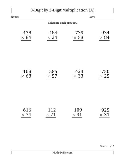 The Multiplying 3-Digit by 2-Digit Numbers (Large Print) with Space-Separated Thousands (A) Math Worksheet