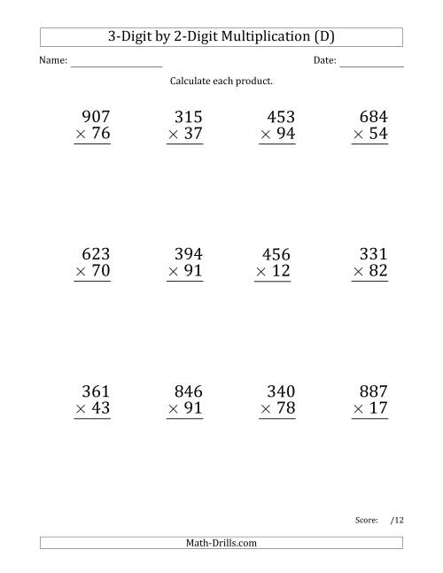 The Multiplying 3-Digit by 2-Digit Numbers (Large Print) with Space-Separated Thousands (D) Math Worksheet