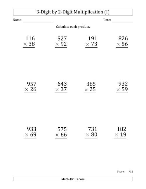 The Multiplying 3-Digit by 2-Digit Numbers (Large Print) with Space-Separated Thousands (I) Math Worksheet