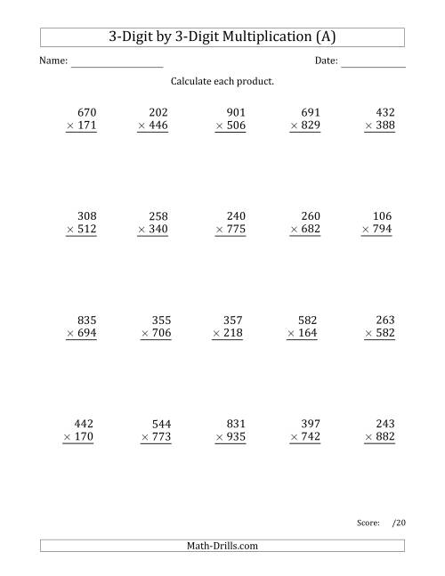 The Multiplying 3-Digit by 3-Digit Numbers with Comma-Separated Thousands (A) Math Worksheet