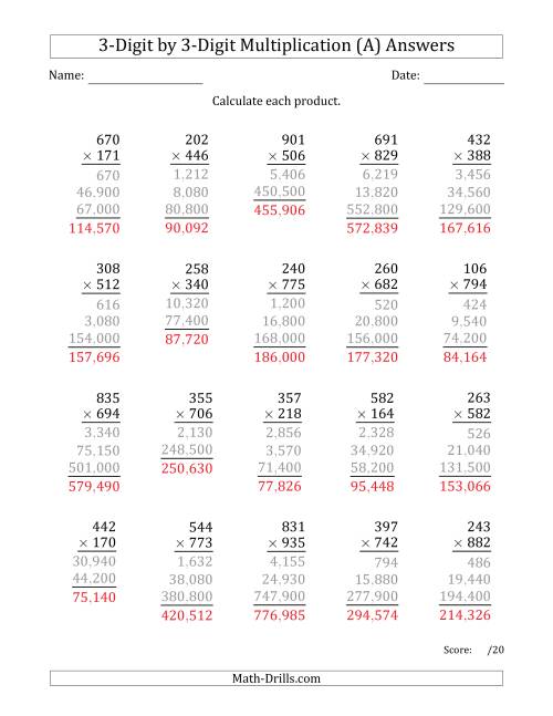 multiplying 3 digit by 3 digit numbers with comma separated thousands a