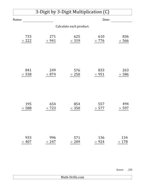 The Multiplying 3-Digit by 3-Digit Numbers with Comma-Separated Thousands (C) Math Worksheet
