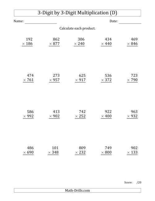 The Multiplying 3-Digit by 3-Digit Numbers with Comma-Separated Thousands (D) Math Worksheet