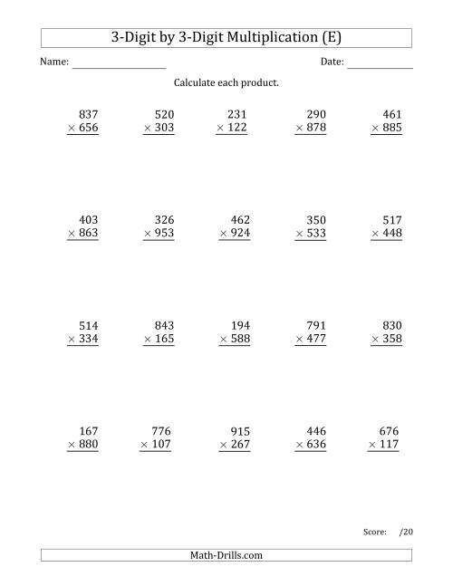 The Multiplying 3-Digit by 3-Digit Numbers with Comma-Separated Thousands (E) Math Worksheet