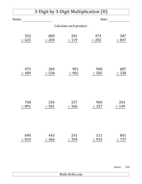 The Multiplying 3-Digit by 3-Digit Numbers with Comma-Separated Thousands (H) Math Worksheet