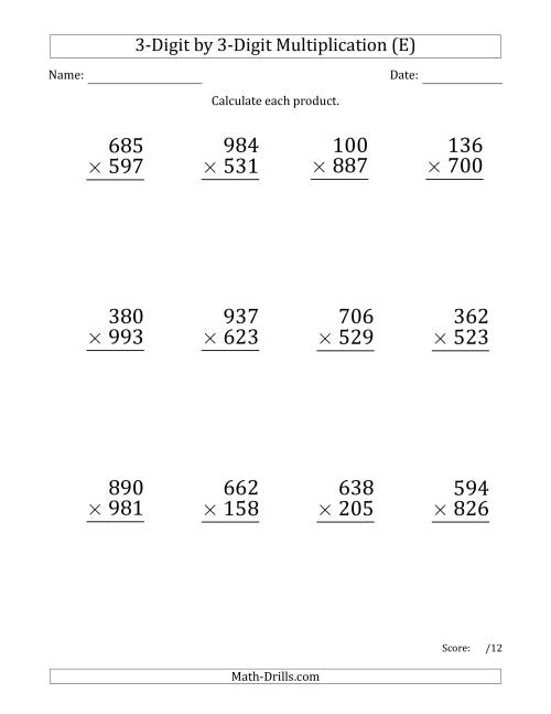 Multiplying 3-Digit by 3-Digit Numbers (Large Print) with Comma