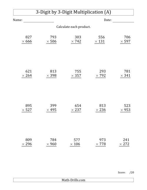 The Multiplying 3-Digit by 3-Digit Numbers with Space-Separated Thousands (A) Math Worksheet