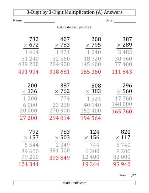The Multiplying 3-Digit by 3-Digit Numbers (Large Print) with Space-Separated Thousands (A) Math Worksheet Page 2