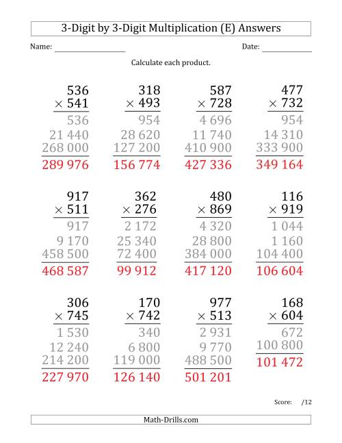 The Multiplying 3-Digit by 3-Digit Numbers (Large Print) with Space-Separated Thousands (E) Math Worksheet Page 2