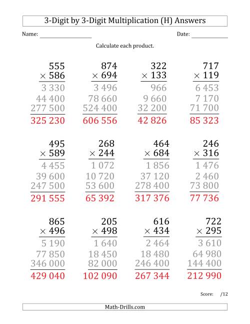 multiplying 3 digit by 3 digit numbers large print with