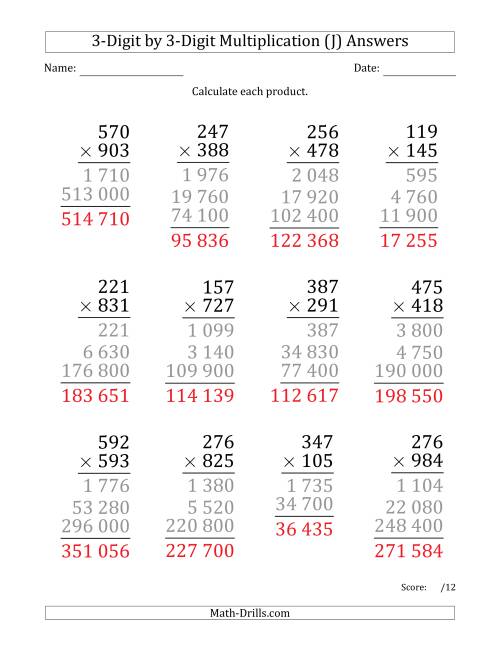 The Multiplying 3-Digit by 3-Digit Numbers (Large Print) with Space-Separated Thousands (J) Math Worksheet Page 2